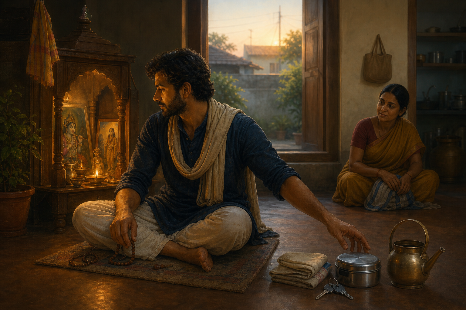 A devotee prays beside a small home shrine at dawn while reaching toward objects associated with daily responsibilities and a nearby family member.