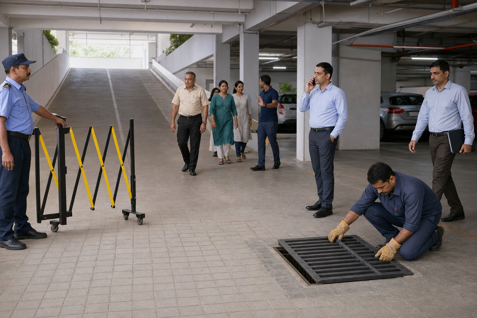 Security and maintenance staff secure an apartment basement, protect a floor drain, and guide residents away as a municipal officer arrives.