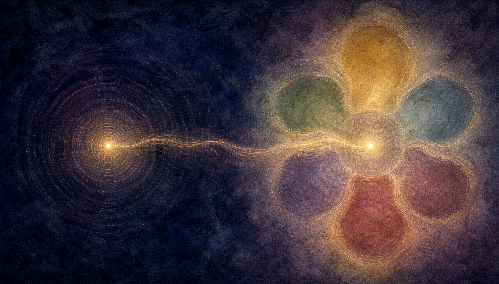 An abstract composition contrasts a concentrated point with five softly colored fields joined by a continuous stream of light.