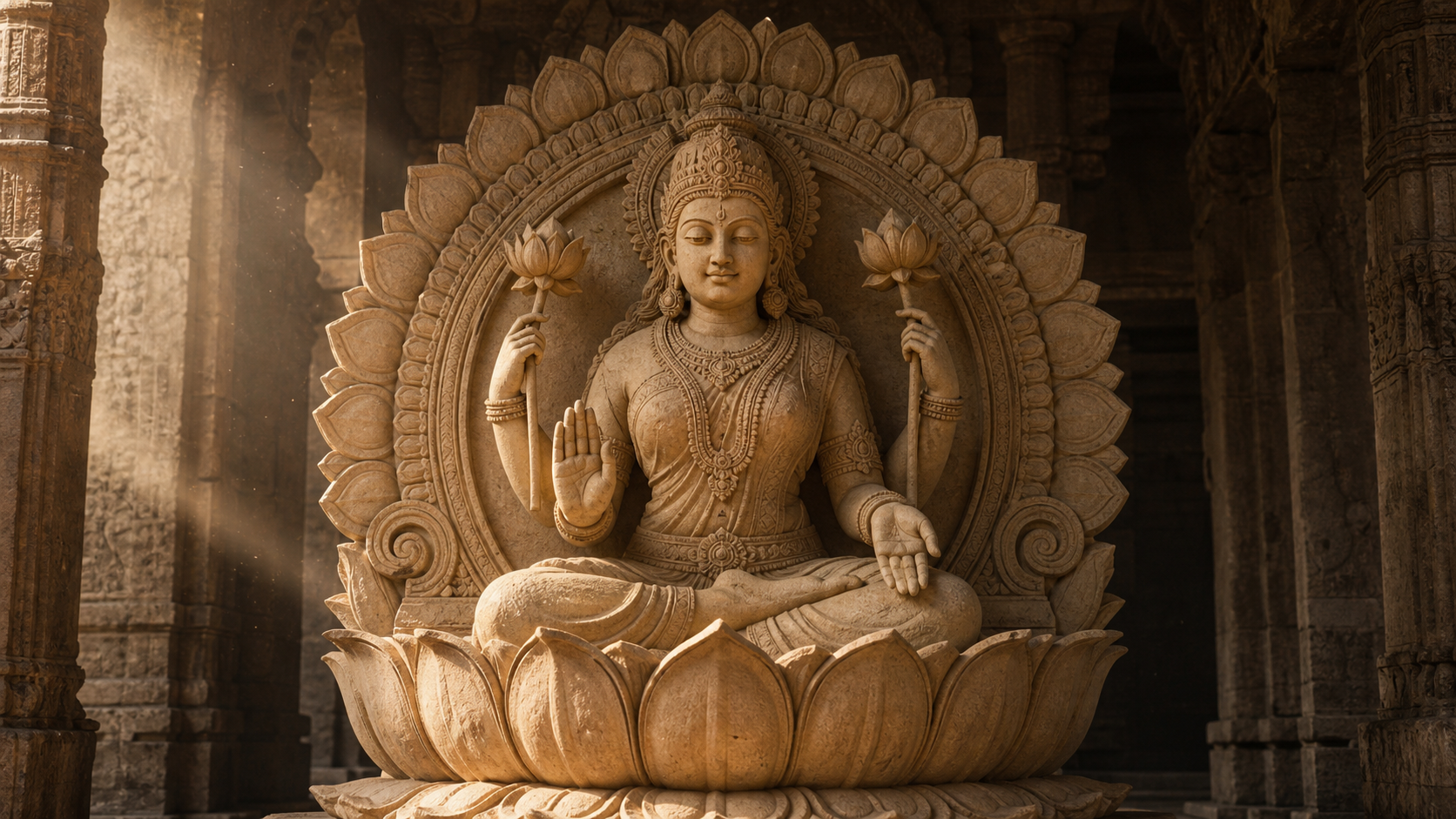 A weathered sandstone sculpture of four-armed Lakshmi seated on an open lotus, holding two lotus blossoms and framed by carved petals in a dim temple interior.