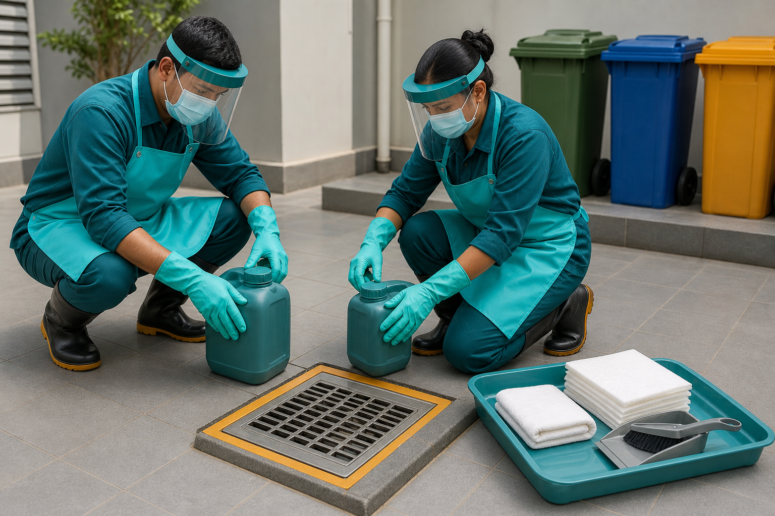 Protective sanitation workers handle sealed containers on a washable tray while keeping them separate from household waste and a covered floor drain.
