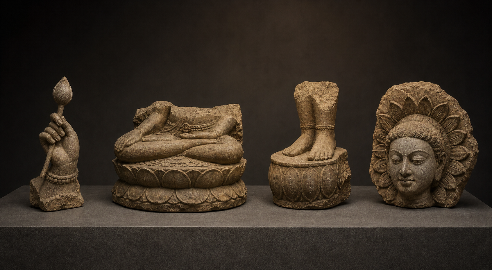 Stone frieze carved with a lotus bud, a half-open lotus, and a fully opened lotus connected by one winding stem.