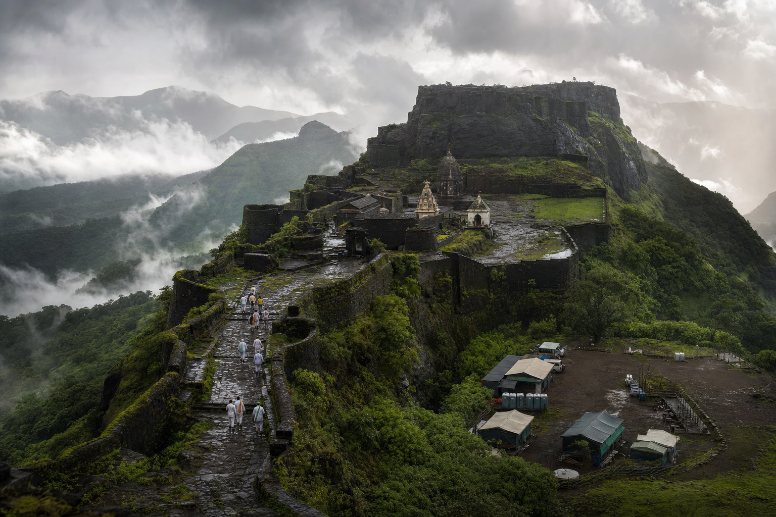 Monsoon view of Vishalgad's basalt fortifications with pilgrims walking toward a historic shrine and temporary event facilities positioned away from the fragile ruins.