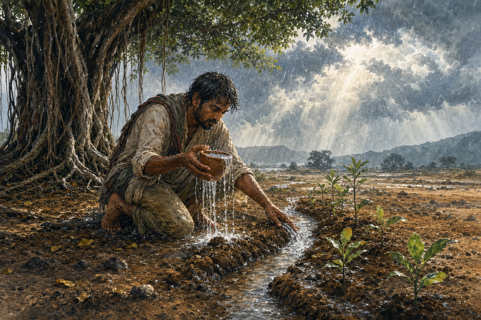 A devotee at a doorway sets down a coin pouch and lifts a basket of food beside a sunlit path.