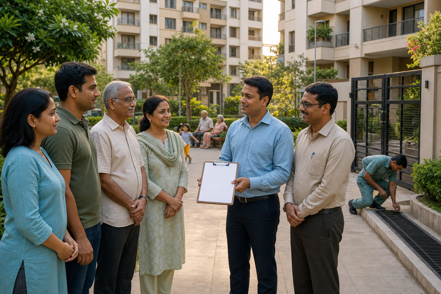 Residents, a committee representative, and a municipal officer stand calmly in a clean apartment courtyard as maintenance staff inspect a drain and secured service gate.