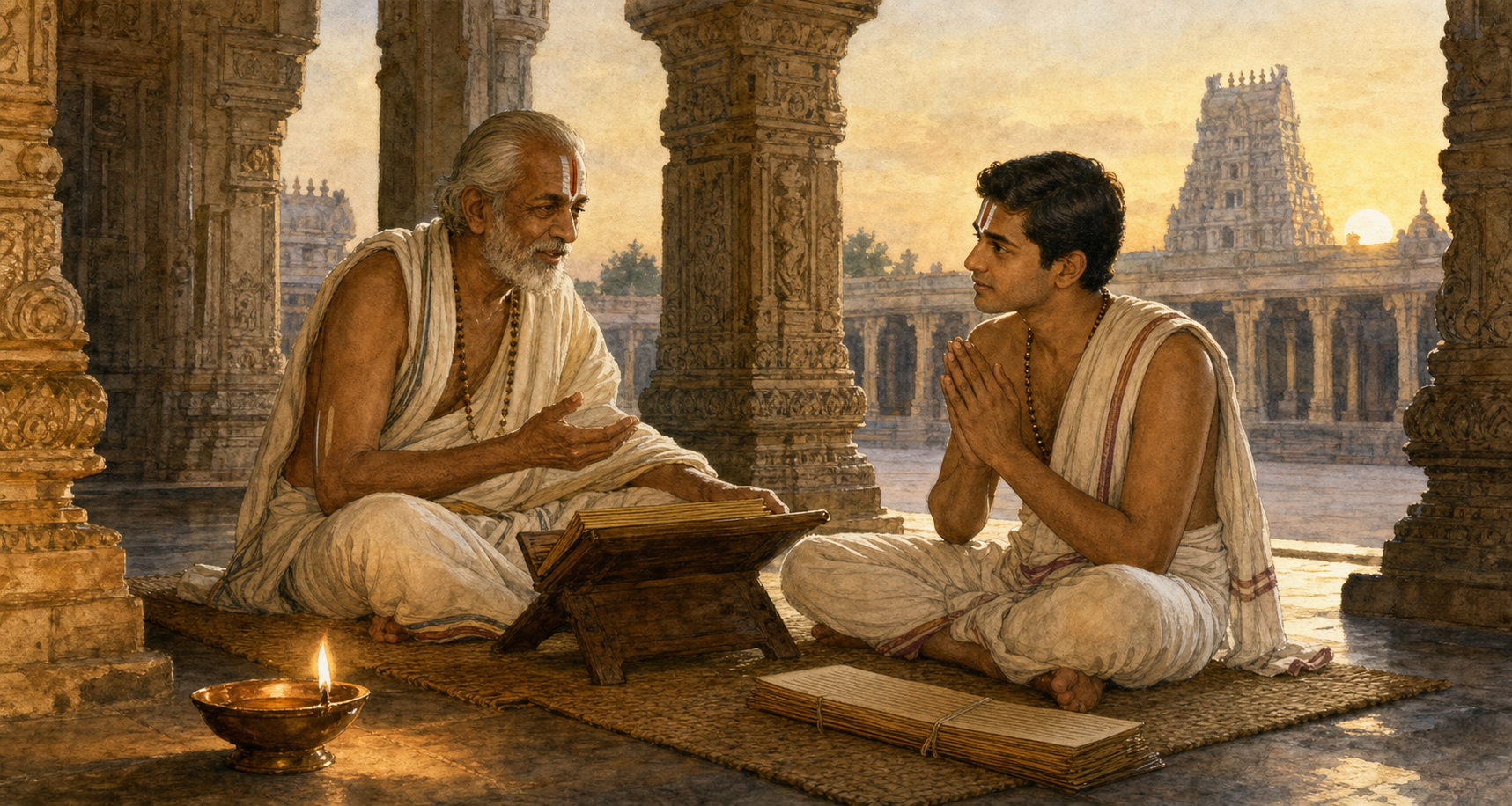 A Sri Vaishnava teacher guides a student beside a manuscript and oil lamp in a quiet South Indian temple cloister.
