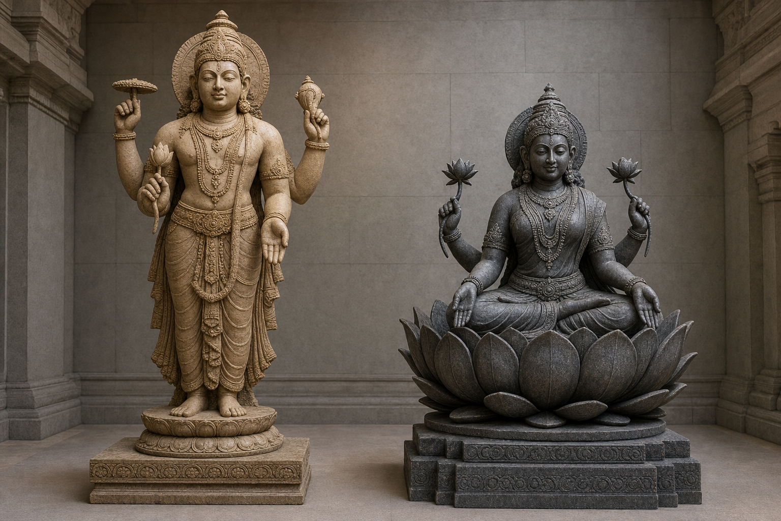 Two stone deity sculptures displayed together: Vishnu holding a lotus and Lakshmi seated on an open lotus while holding lotus stems.