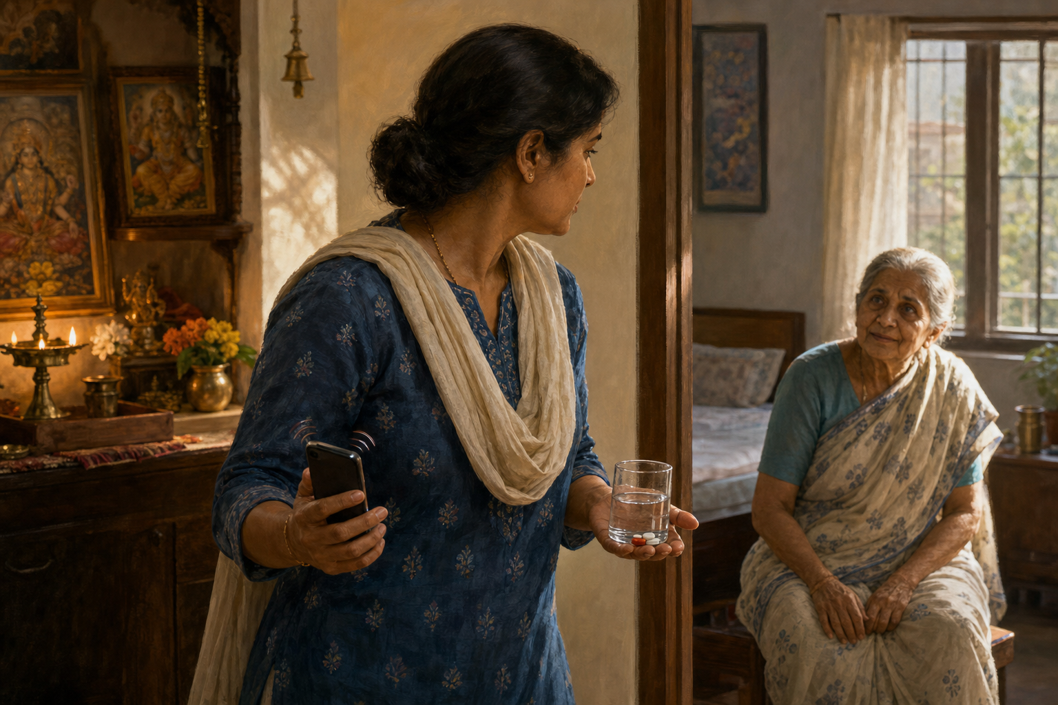 A person holding medicine and water turns from a household shrine toward an elderly family member.