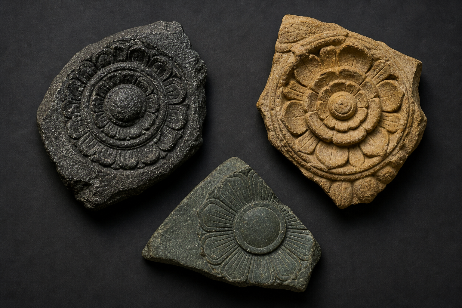 Three lotus-carved stone fragments in dark granite, buff sandstone, and gray-green chlorite, lit to show their geometry and tool marks.