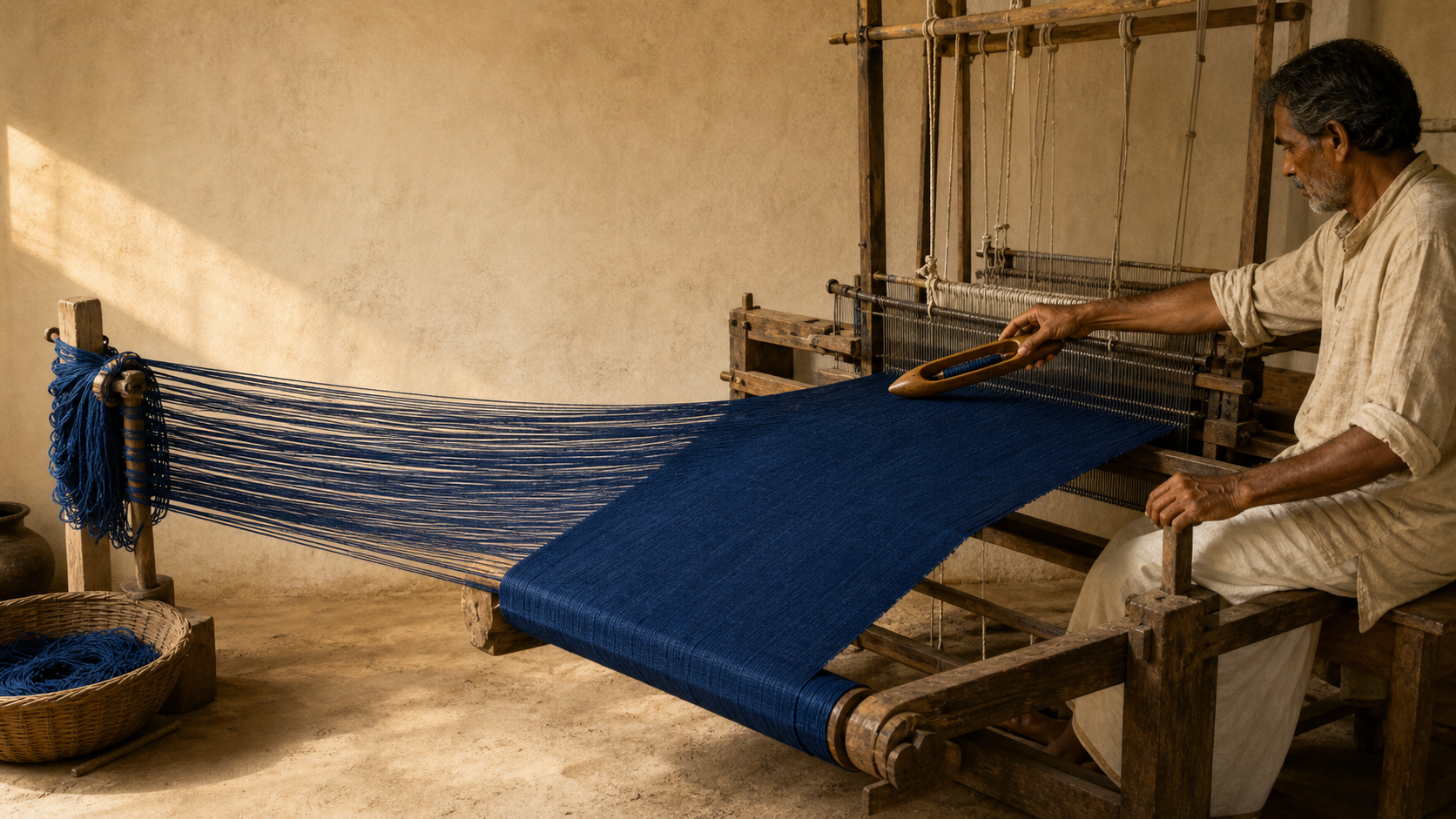 An artisan works at a handloom as individual indigo threads pass through the loom and become a blue woven cloth.