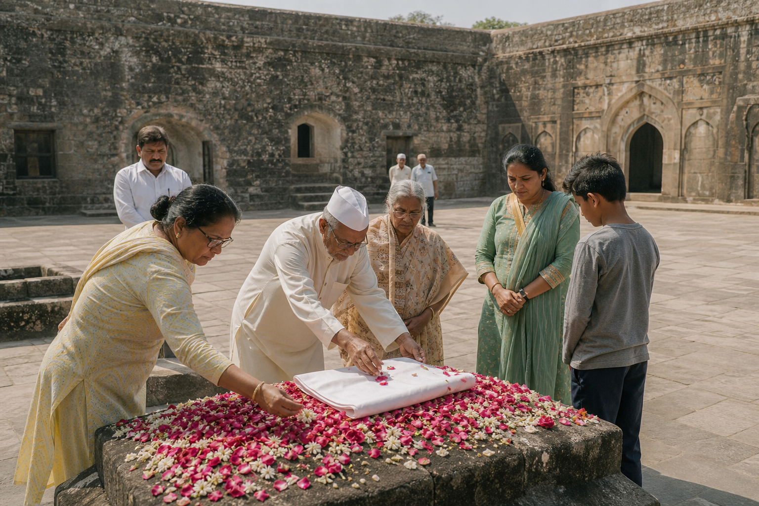 A small group of worshippers places flowers in a quiet historic shrine courtyard at Vishalgad without stalls, stages, or other large-event structures.