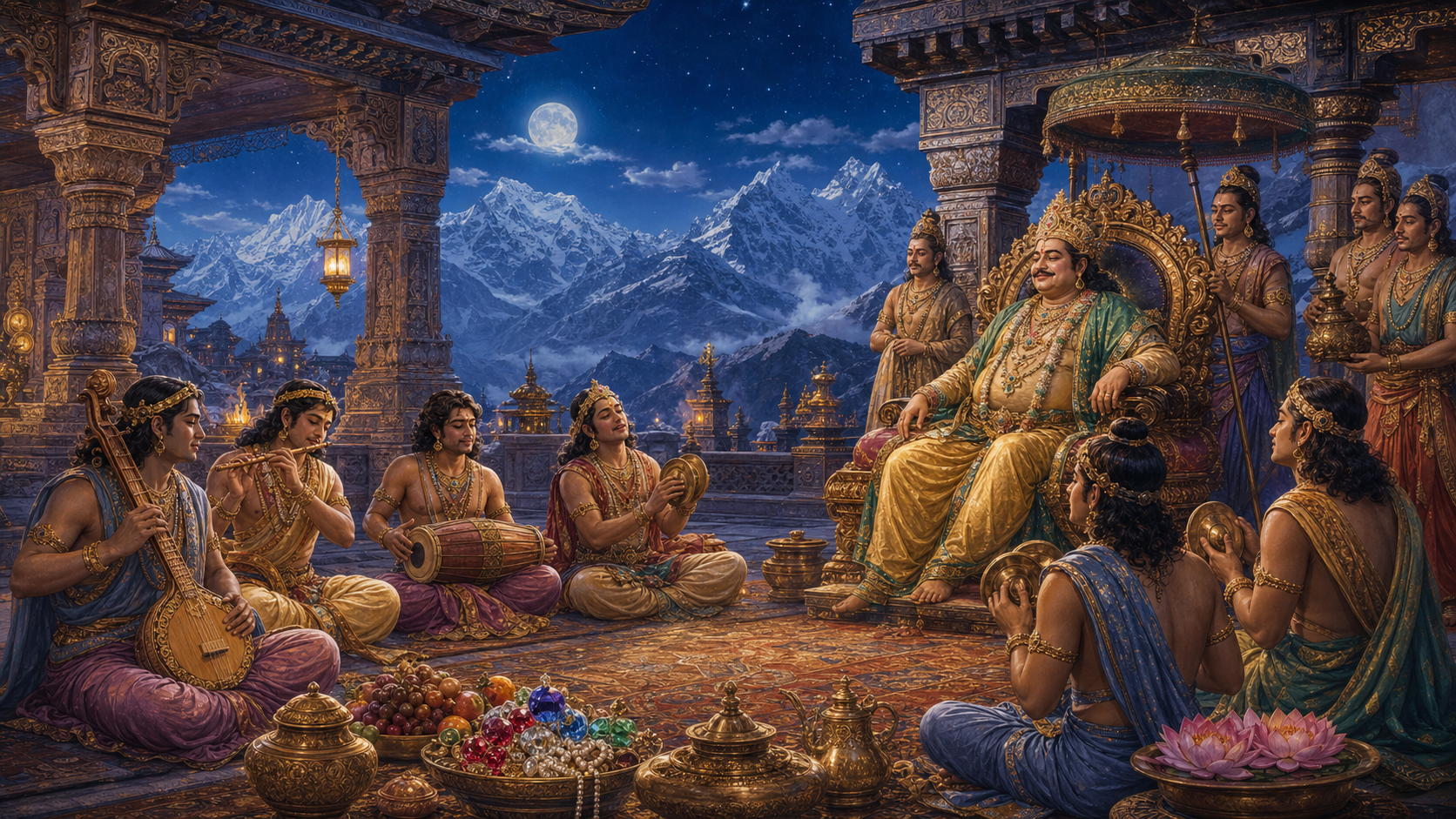 An illustrated group of celestial Gandharva musicians performs before Kubera in a lamp-lit Himalayan palace court surrounded by attendants, vessels, lotus blossoms, and distant snow peaks.