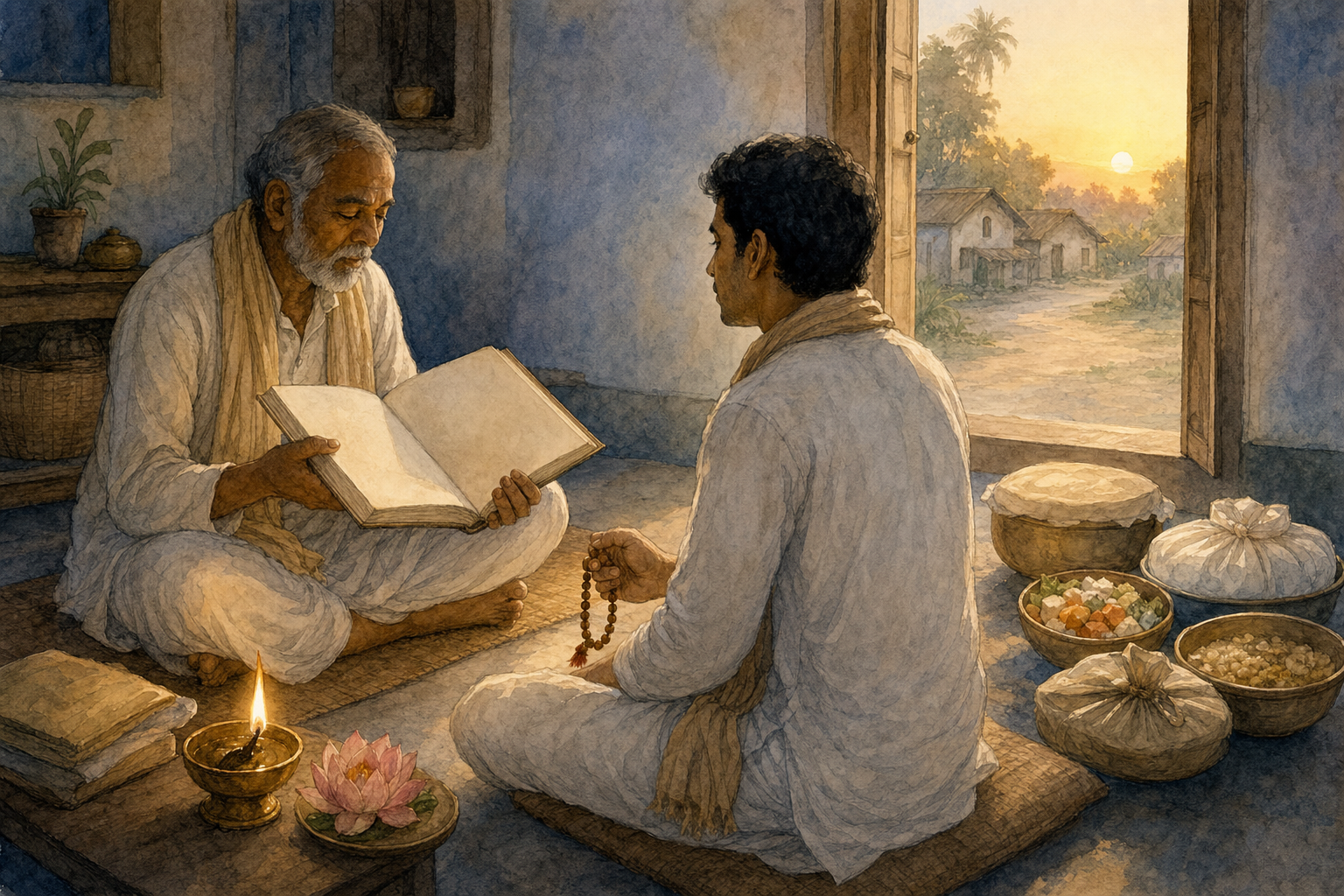 A devotee listens to an elder with prayer beads in hand while a lamp, flower, and bowls of food surround them.