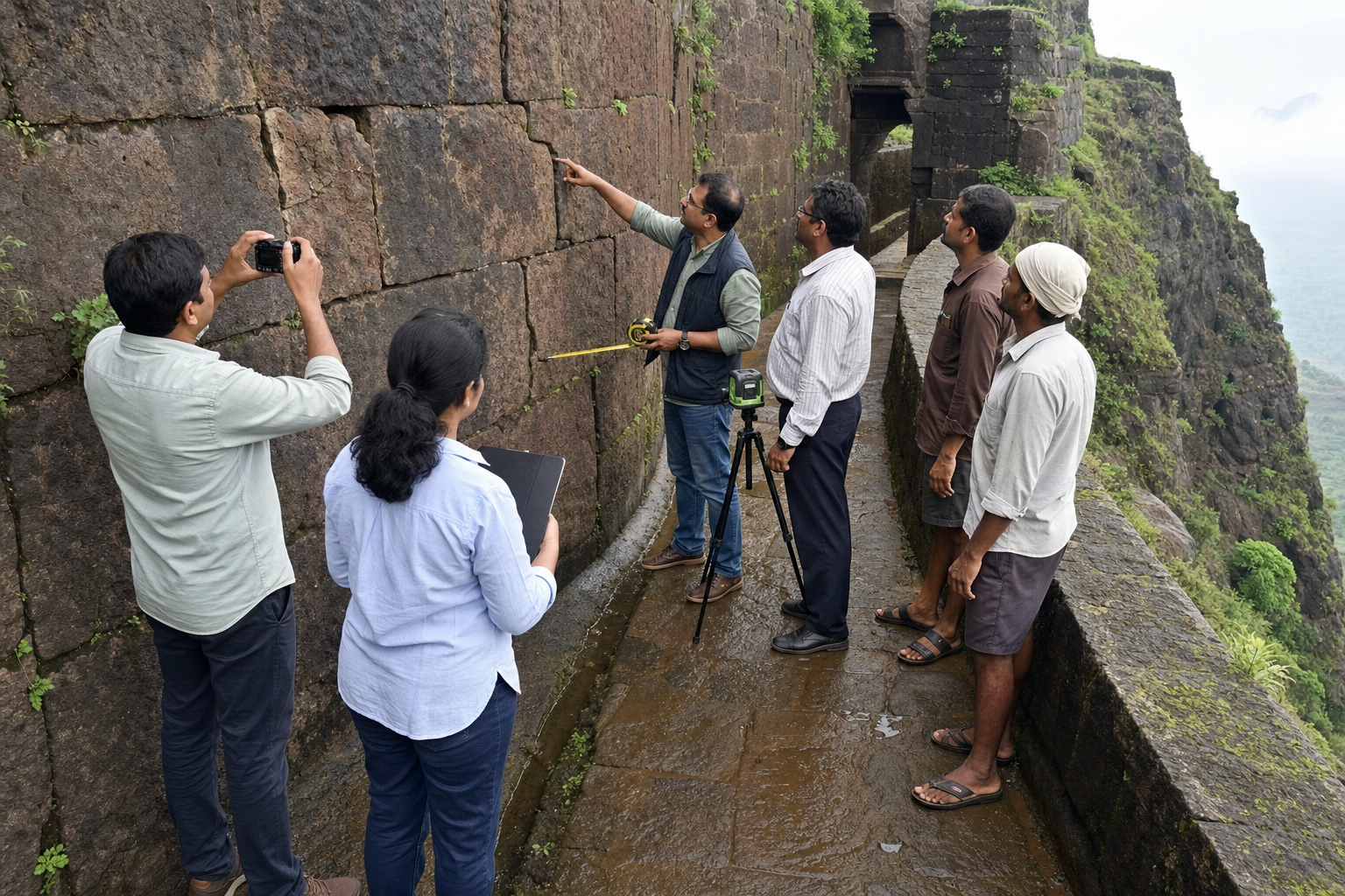 Heritage specialists and site stewards inspect cracked stonework and measure a narrow pedestrian passage at Vishalgad.