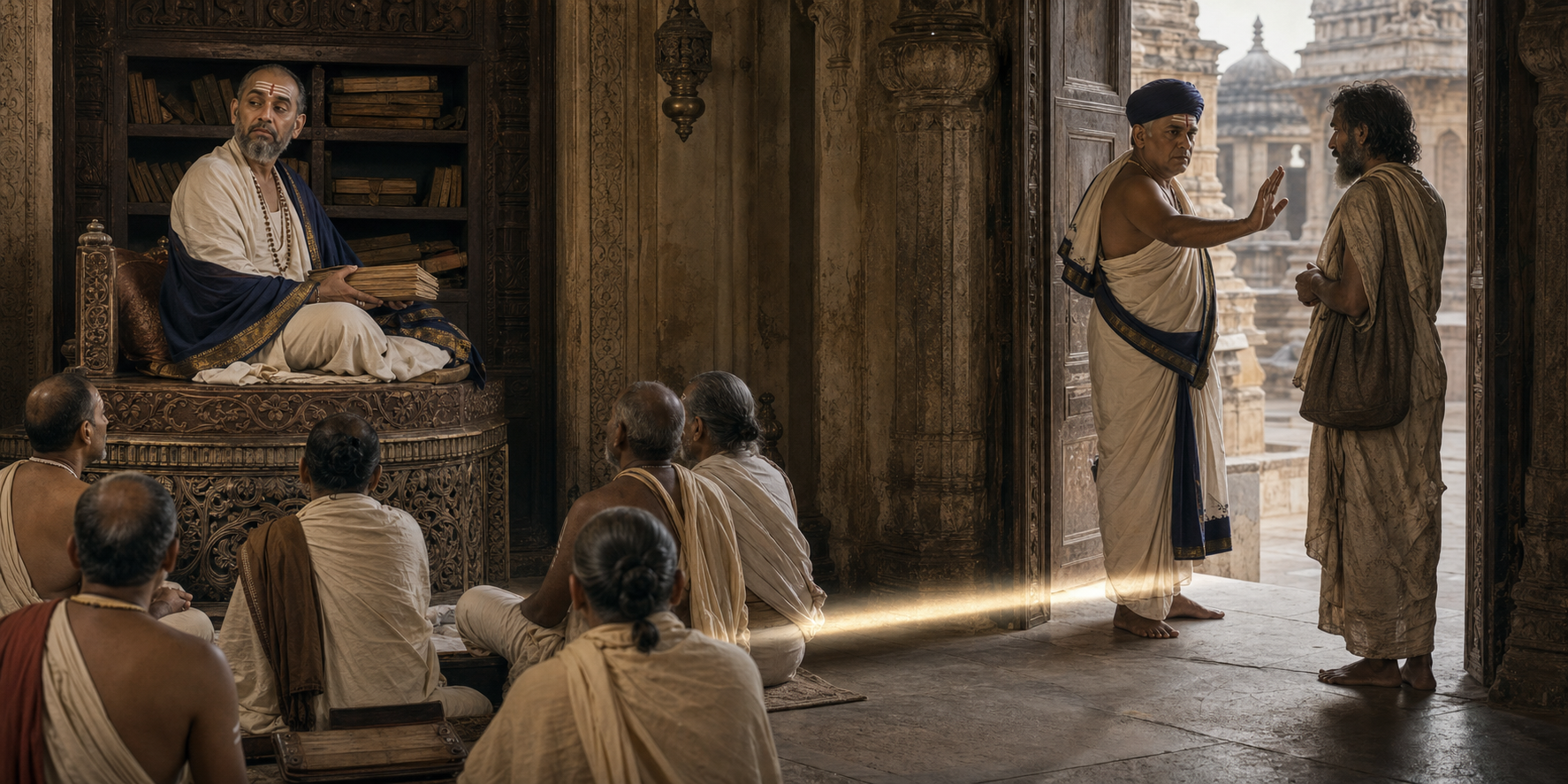A learned devotee compares himself with another speaker while a temple caretaker turns away a dusty pilgrim in a parallel scene.