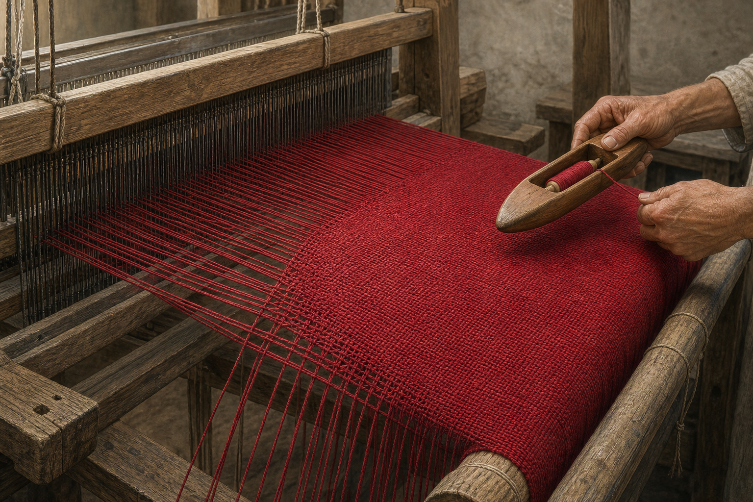 Crimson threads run directly into a partly woven cloth while a craftsperson's hands guide a shuttle at the loom.