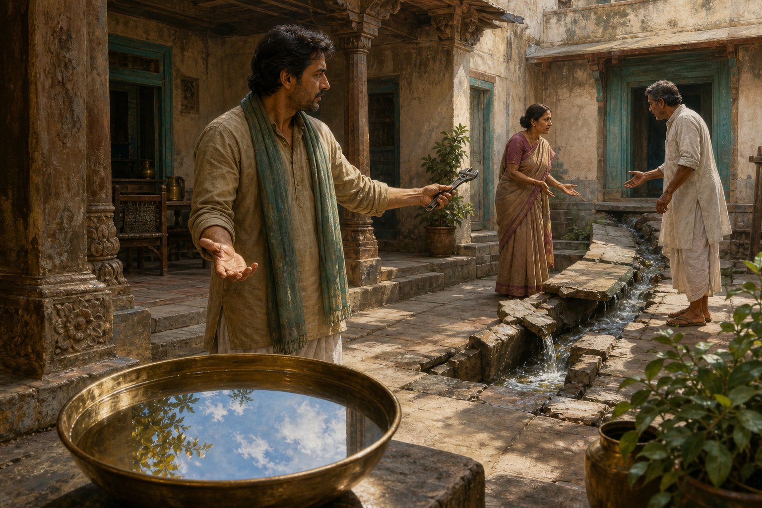 A person responds calmly as two neighbors stand near a broken water channel, with a repair tool and a reflective brass bowl in the foreground.