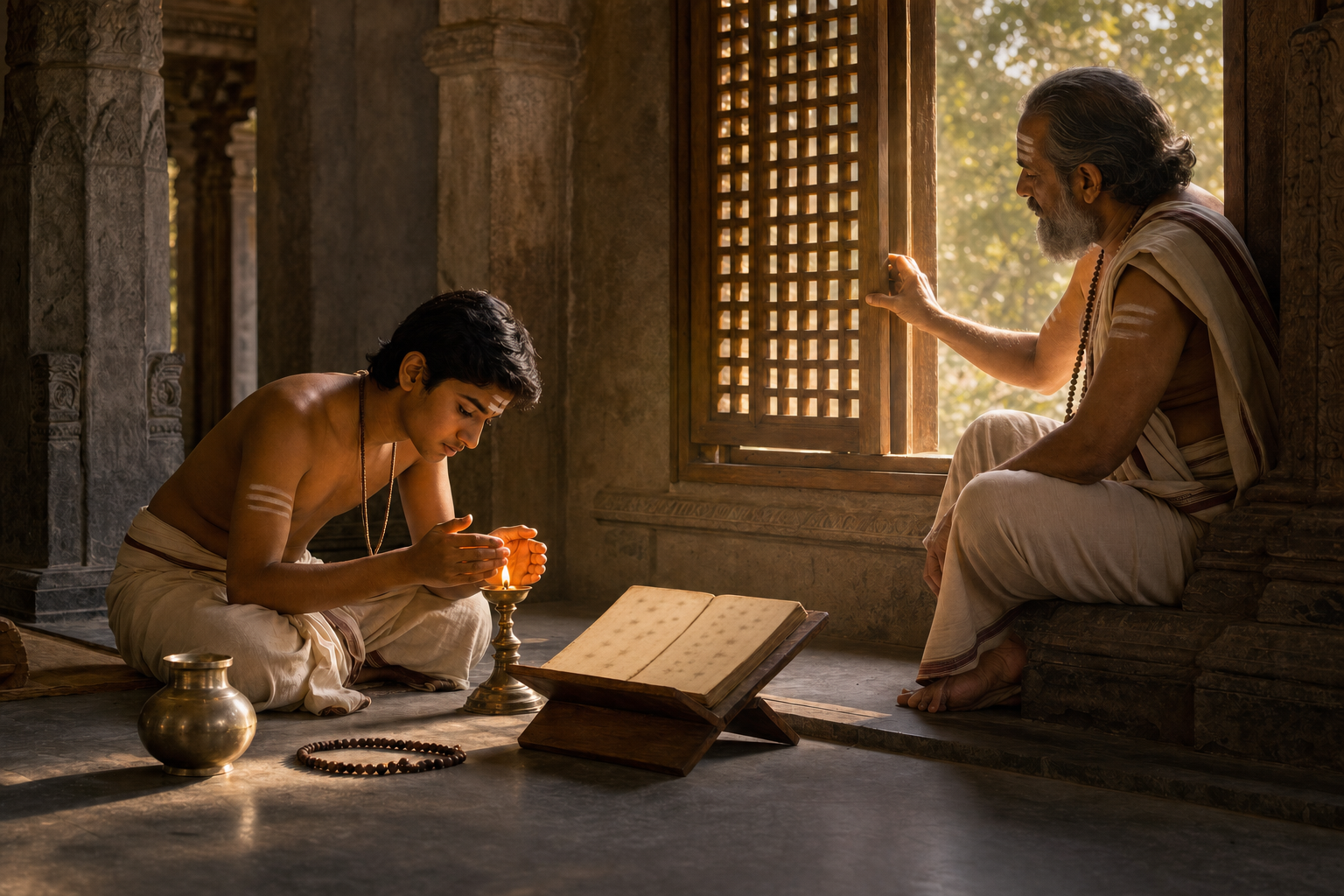A student tends an oil lamp as a teacher opens a lattice shutter to let morning light into a temple study courtyard.