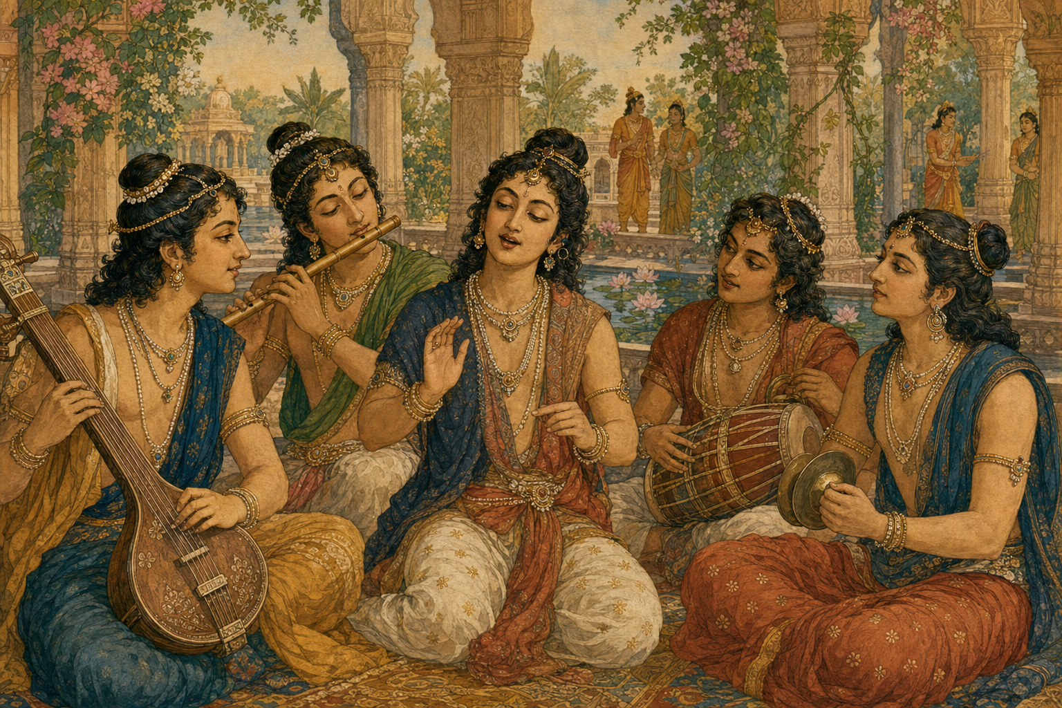 A celestial Gandharva ensemble sings and plays vina, flute, drum, and hand cymbals together in a carved garden pavilion beside a lotus pool.
