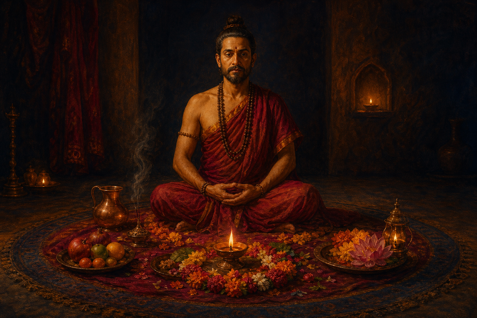 A composed practitioner sits among flowers, fruit, water, incense, colored cloth, and a clay lamp arranged for a ritual.