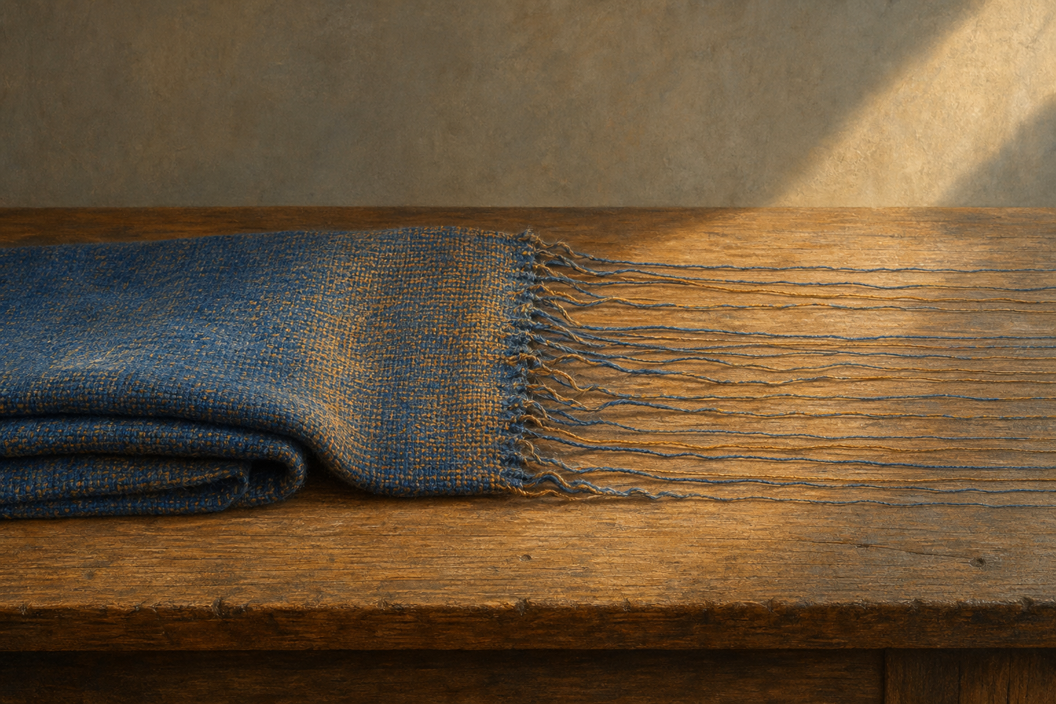 A woven cloth lies intact at one end of a table and unravels into separate surviving threads at the other.