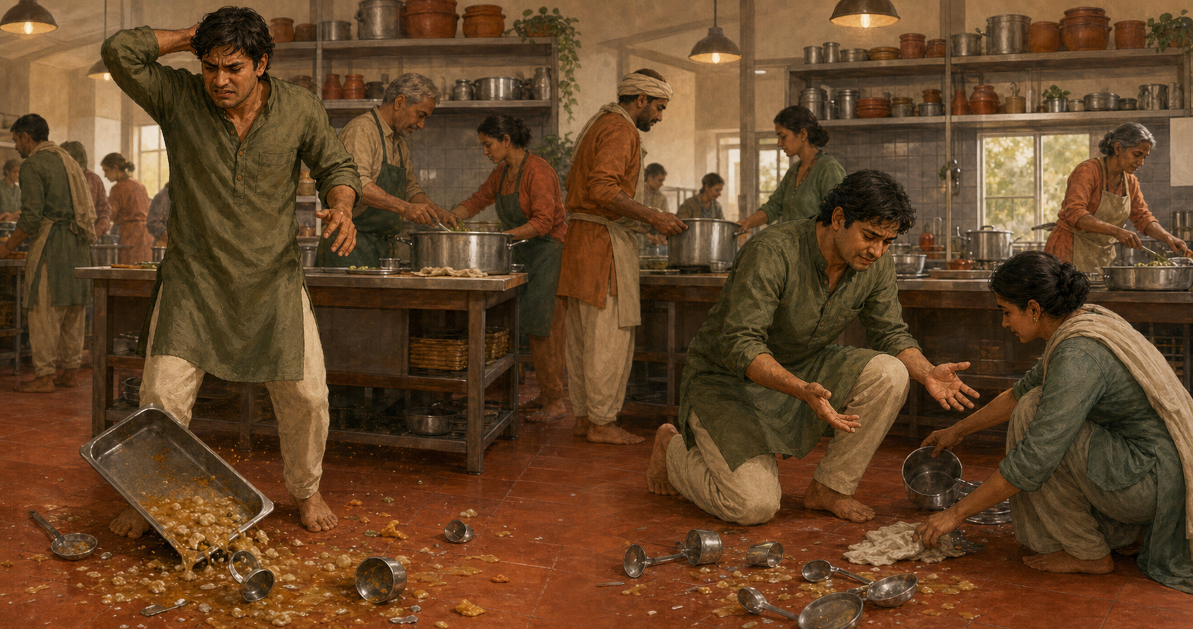 A community kitchen scene shows a frustrated volunteer calming down, cleaning a spill, and helping another person.