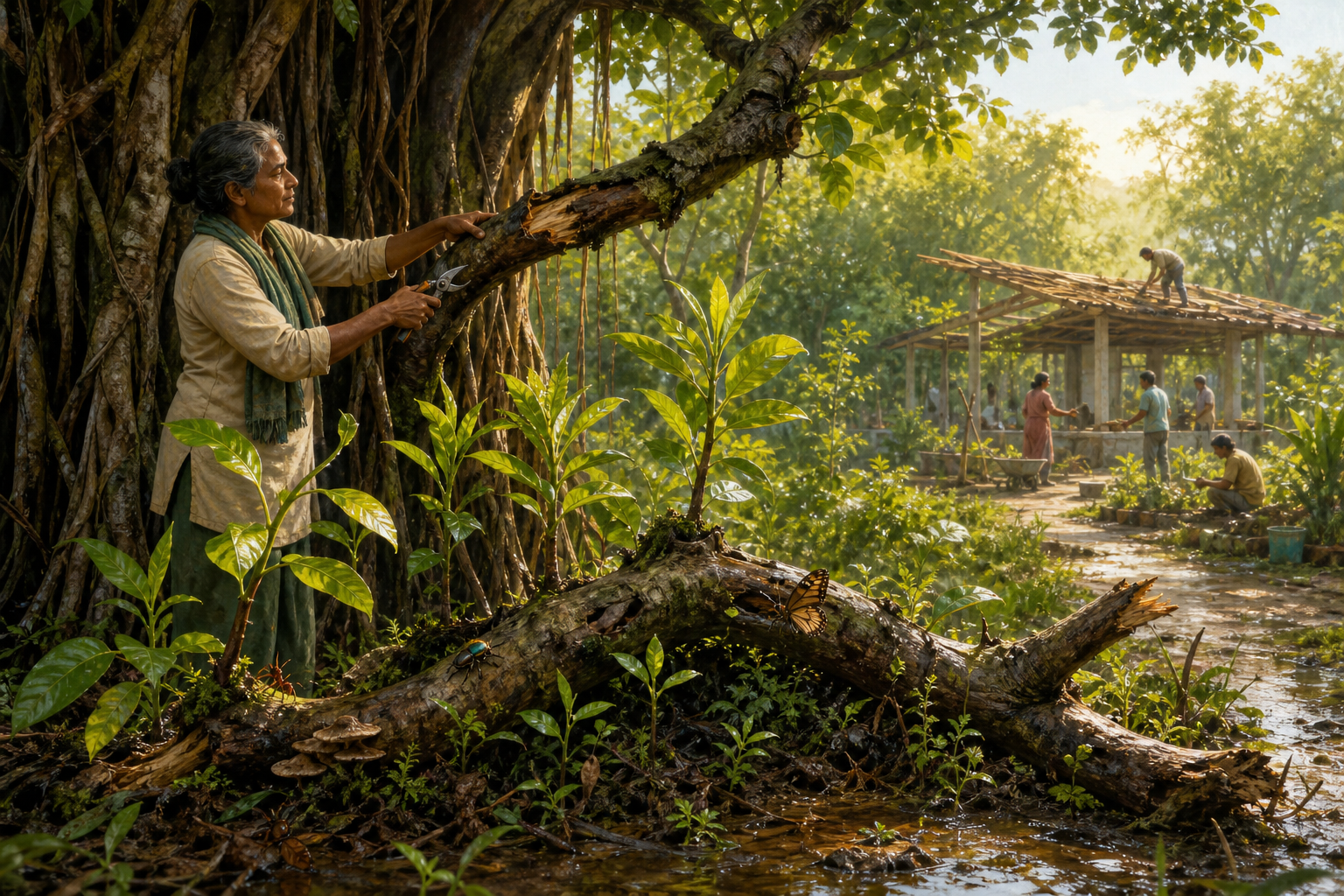 A caretaker prunes a damaged banyan branch as new shoots grow and people repair a gathering place in the distance.