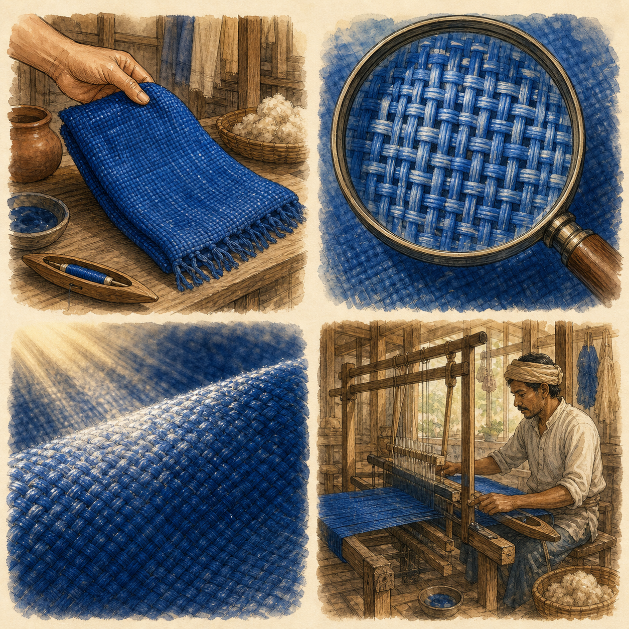 Four wordless scenes show a cloth being selected, its threads examined, its blue color observed, and an artisan operating the loom that produced it.