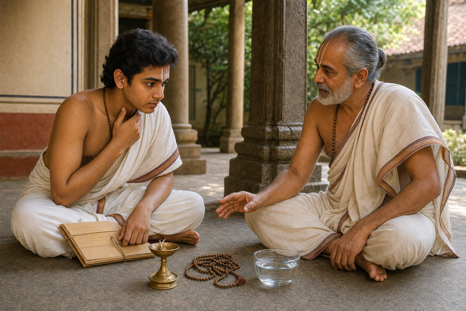 A Sri Vaishnava teacher listens to a concerned student beside a manuscript, lamp, prayer beads, and water bowl.
