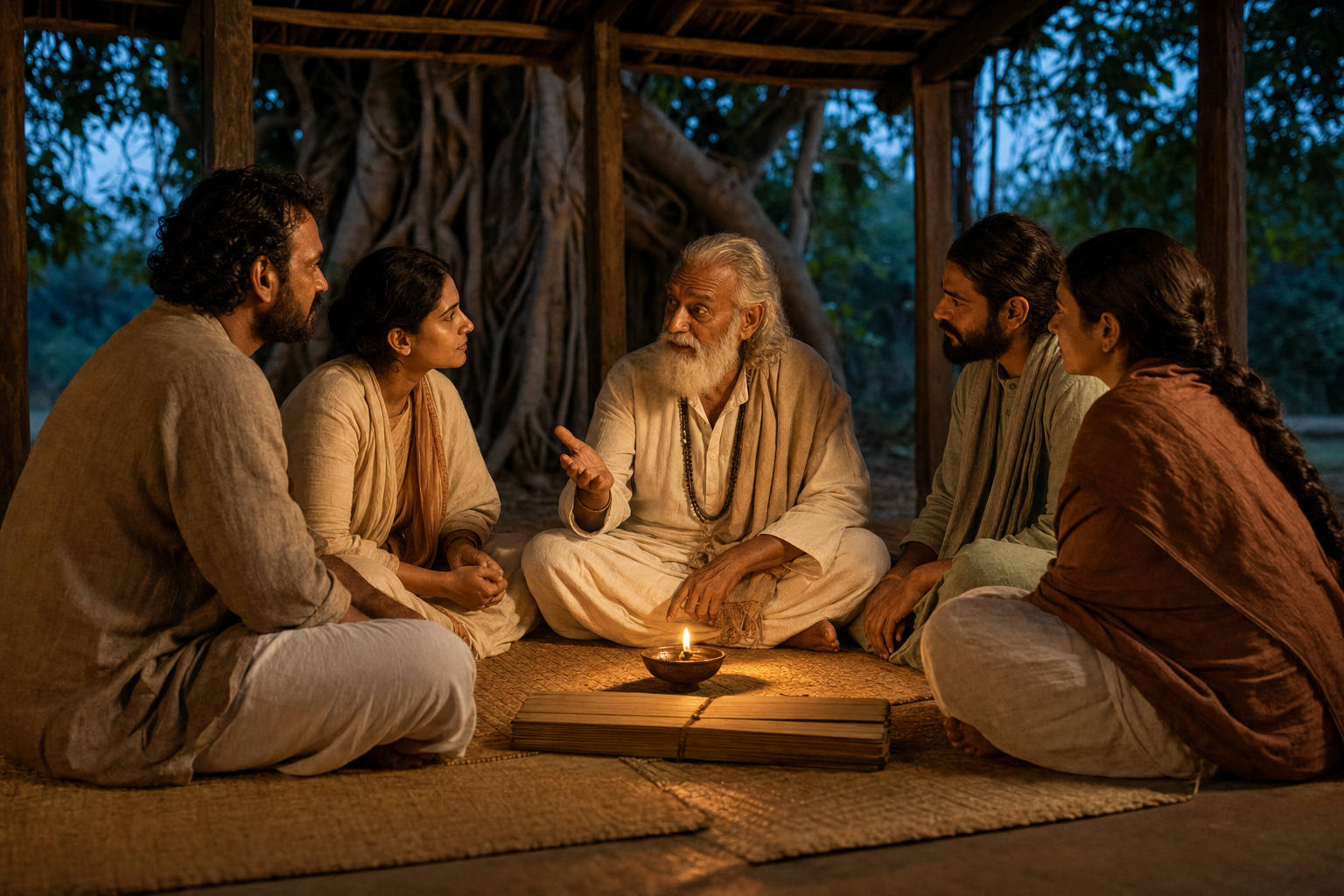 Five spiritual seekers sit in an attentive circle around an oil lamp and an unmarked manuscript in an open pavilion.