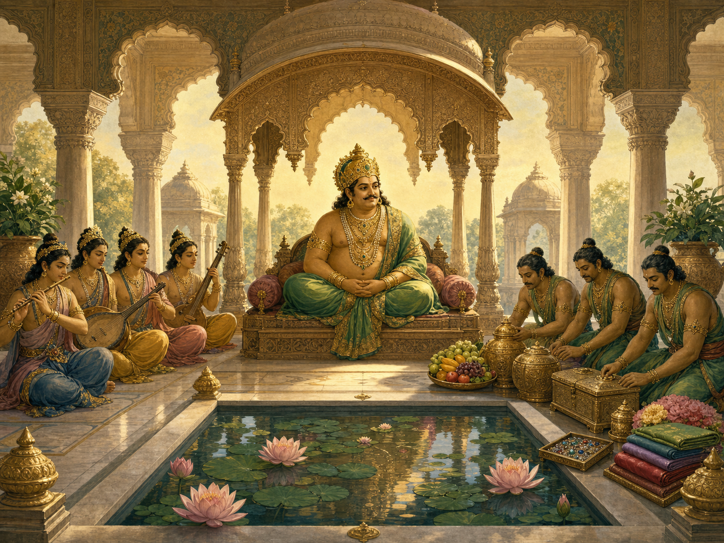 Kubera listens to Gandharva musicians in an orderly court where attendants arrange closed vessels, folded textiles, fruit, flowers, and a small tray of gems.