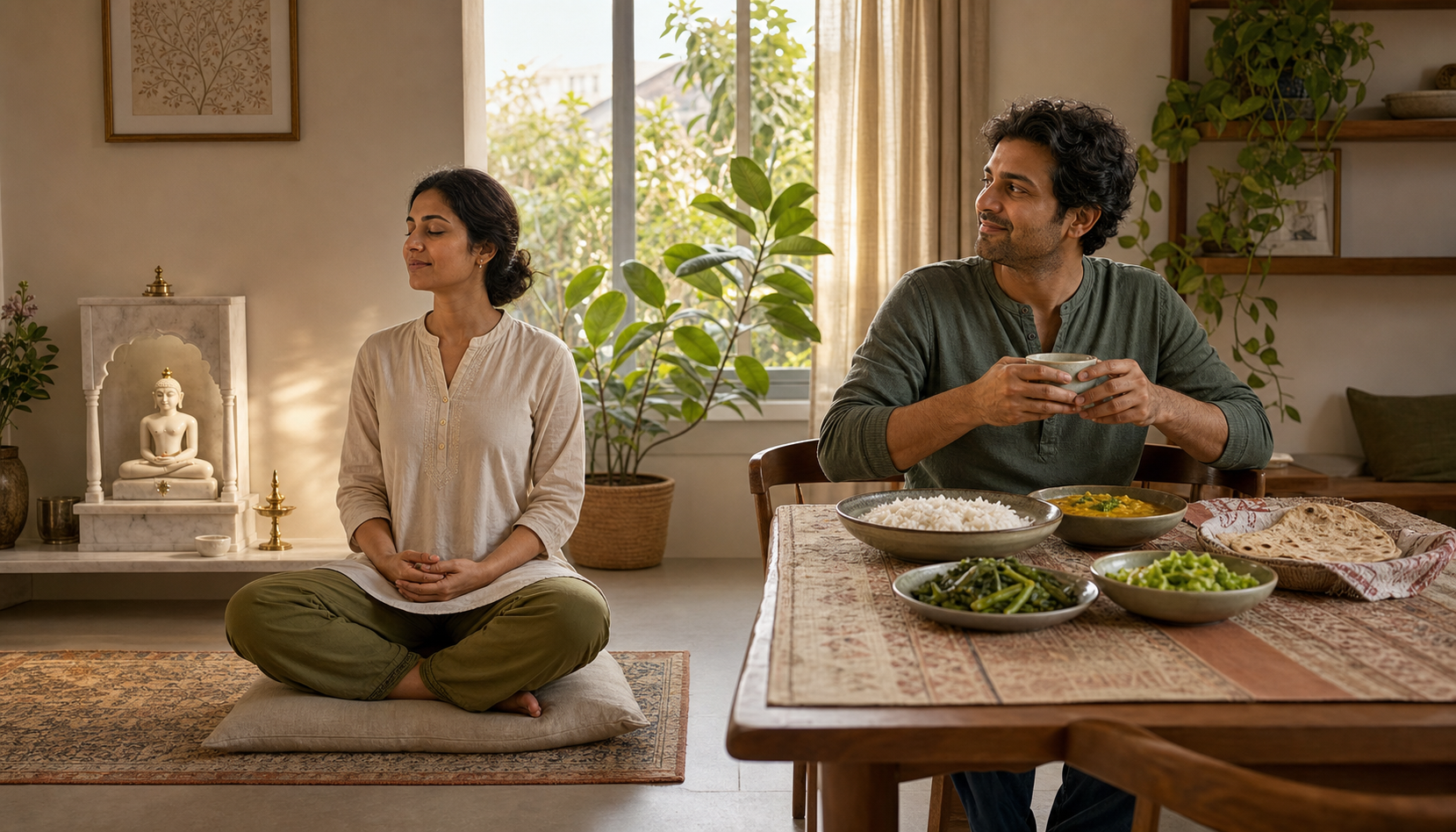 An interfaith couple share a calm home while one partner meditates beside a small Jain shrine and the other sits nearby with tea.
