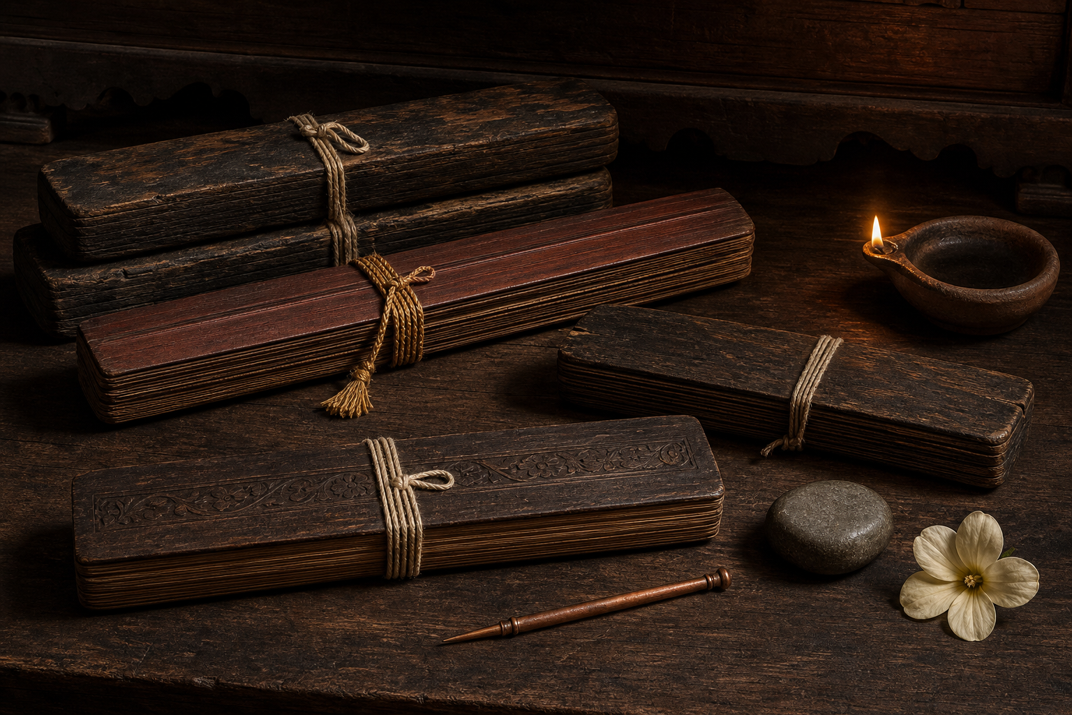 Several tied palm-leaf manuscript bundles with carved wooden covers rest on a scholar's table beside a copper stylus, an oil lamp, a stone weight, and a flower.