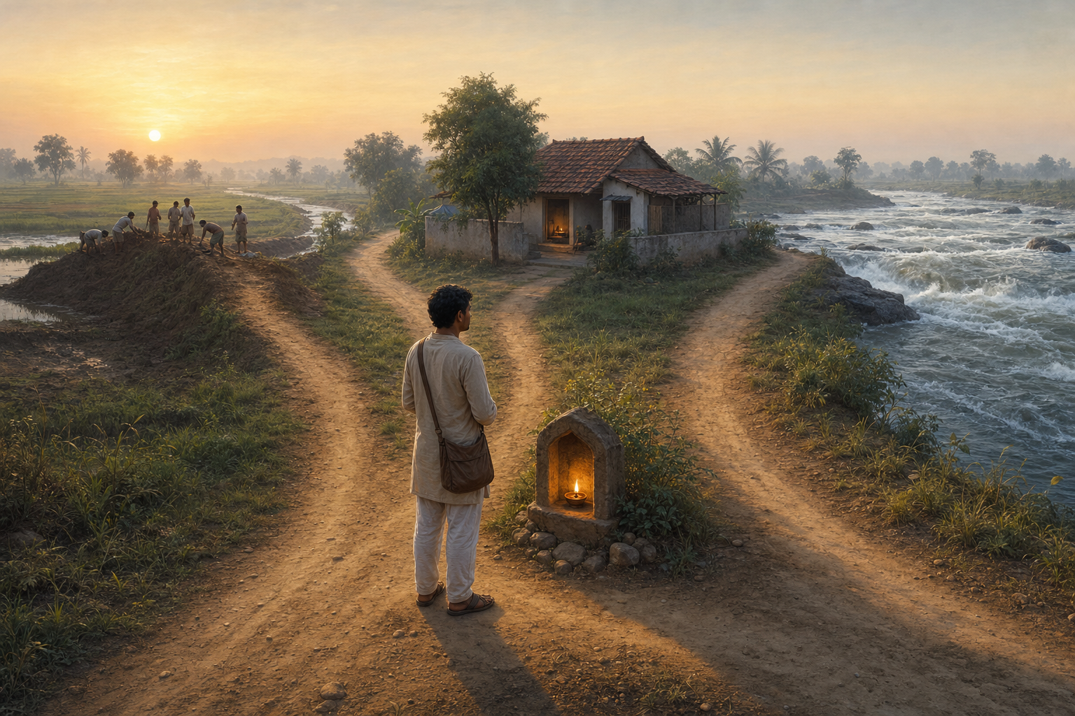 A person pauses at three rural paths leading toward a repair effort, a quiet home, and an impassable river.