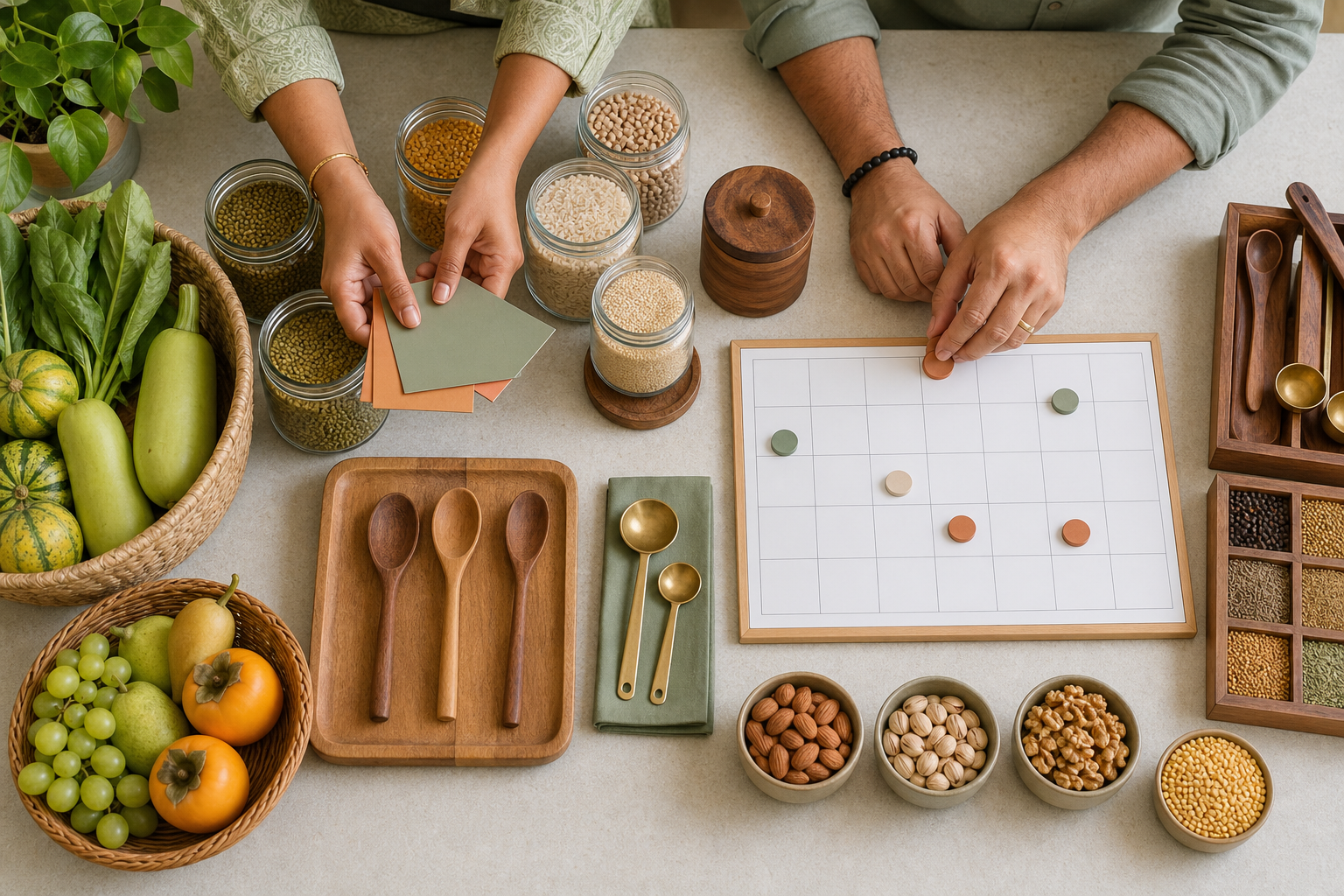 A couple organize grains, lentils, fruit and vegetables in a kitchen while adding colored markers to a blank household calendar.