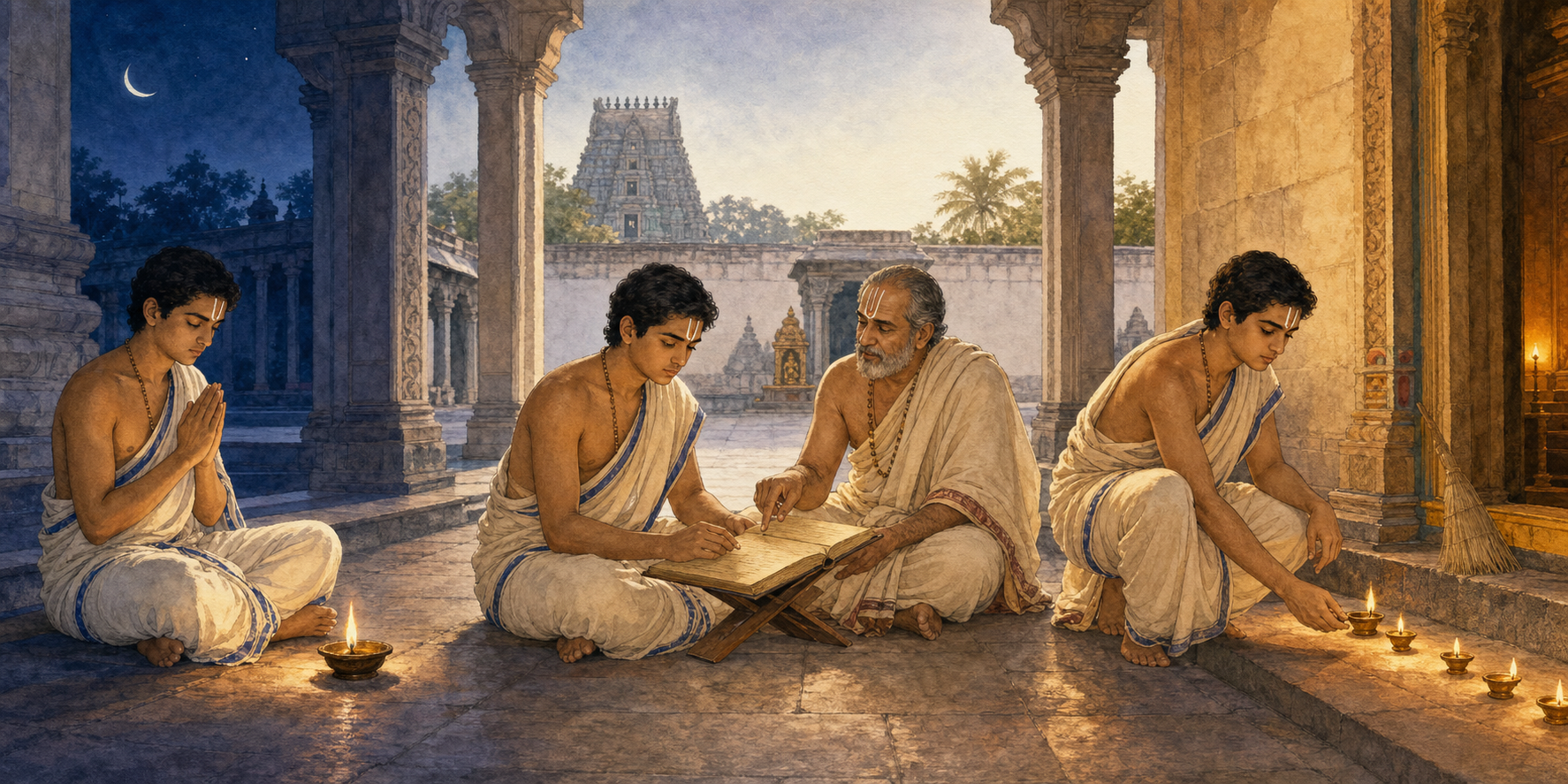 The same learner prays at dawn, studies with a teacher in the morning, and tends a temple space in the evening.