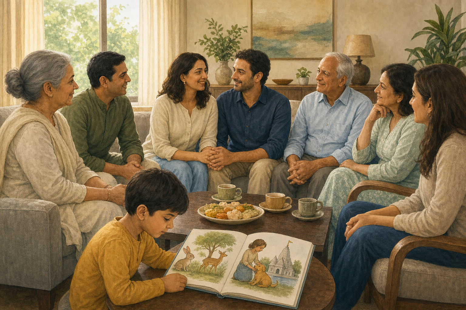 An interfaith couple speak together with relatives while their child looks at a wordless picture book about animals and a Jain temple.