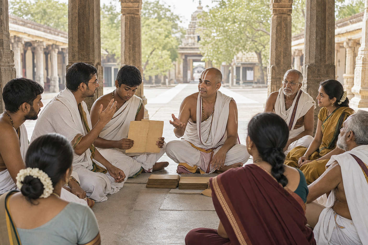 A Sri Vaishnava teacher leads an open discussion with adult students and a senior community member in a temple courtyard.
