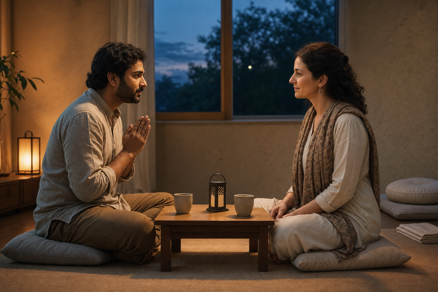 A couple sit face to face at home as one offers an apology with folded hands and the other listens calmly.