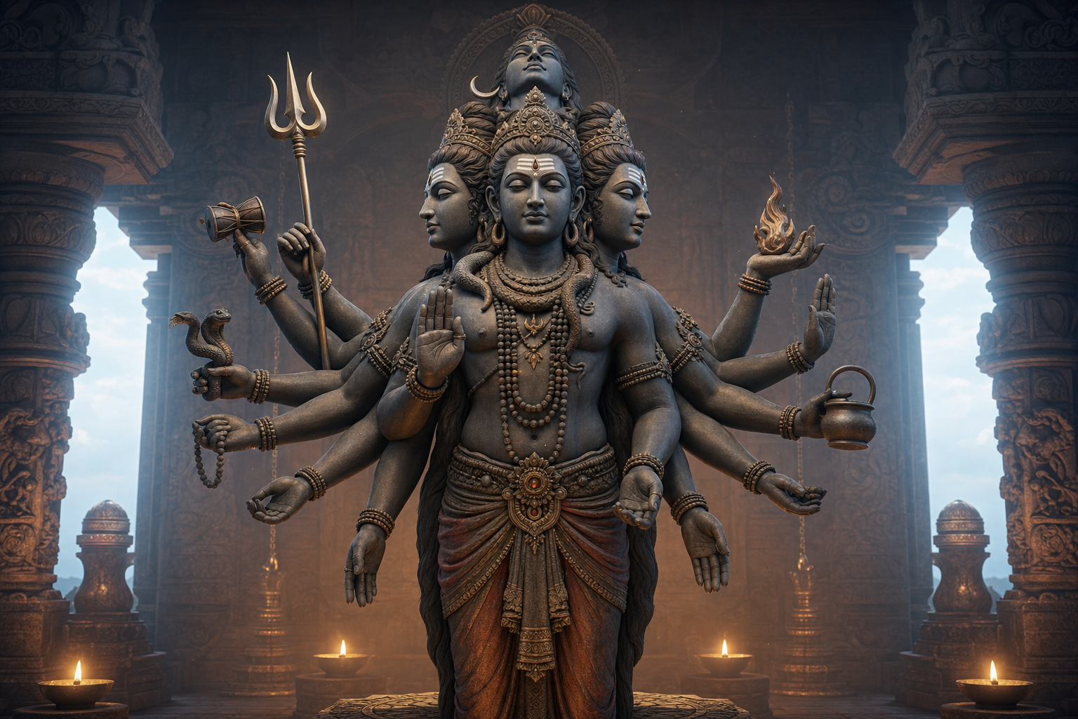 A five-faced, ten-armed Shiva figure stands in a stone shrine, with multiple arms holding sacred emblems and forming open hand gestures.