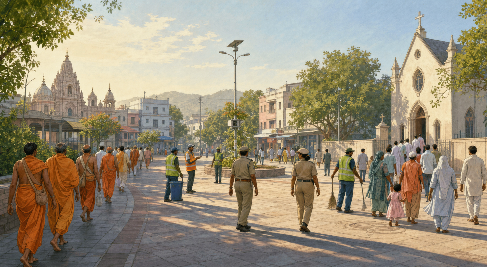 Pilgrims, churchgoers, municipal workers, volunteers, and public-safety officers share an orderly town square in India.