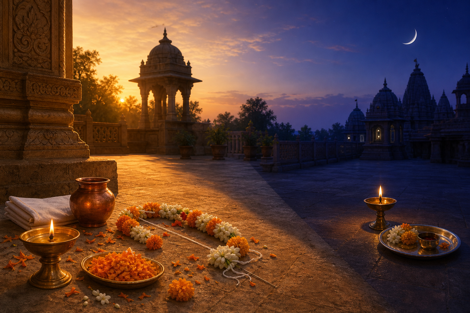 Temple courtyard at sunset with a daytime puja arrangement on one side and an evening moon-observation setting on the other.