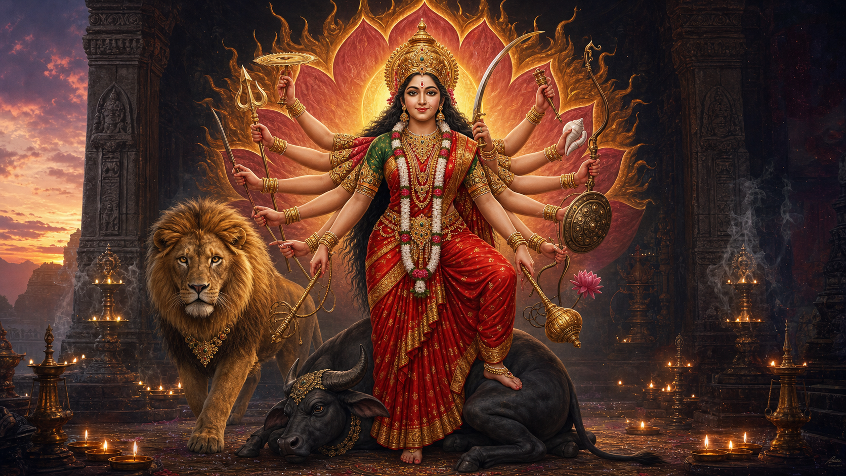 A serene many-armed Mahalakshmi in red and gold stands above a subdued buffalo demon while holding weapons, a conch, a bell and a lotus, with a lion beside her.
