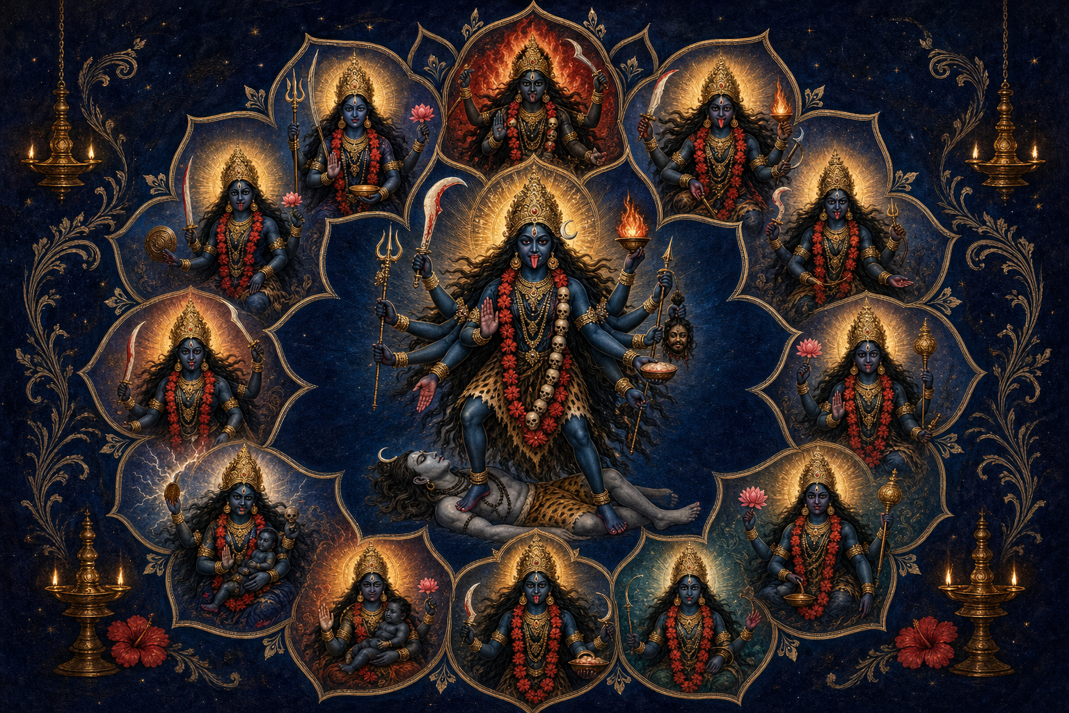Sacred illustration of a central dark blue Kali surrounded by ten distinct Kali manifestations on an eleven-petaled lotus, with hibiscus flowers, ritual objects, and golden halos.