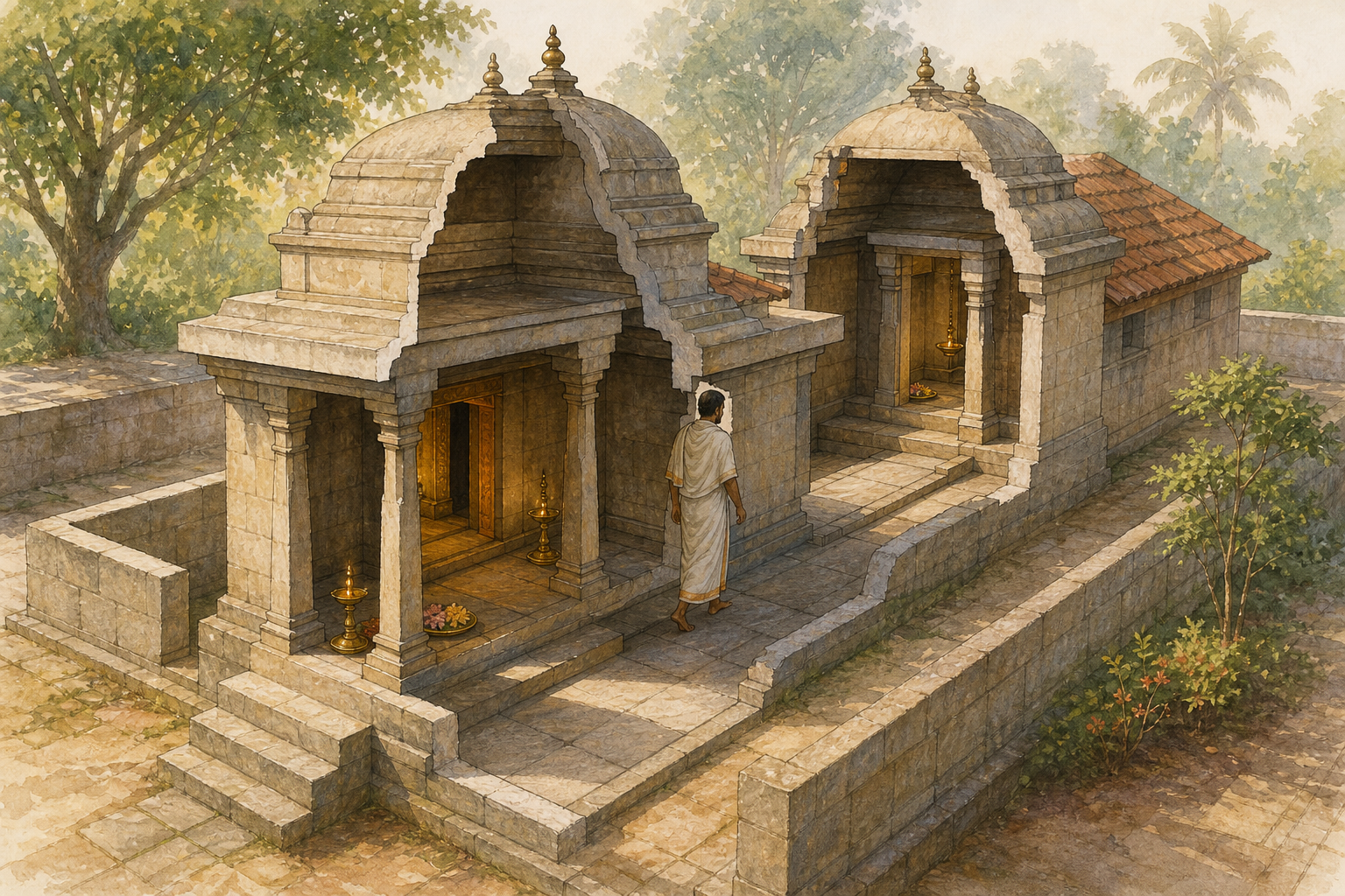 An elevated cutaway illustration shows a pilgrim moving from a Shiva shrine toward a separate Murugan sanctum directly behind it.