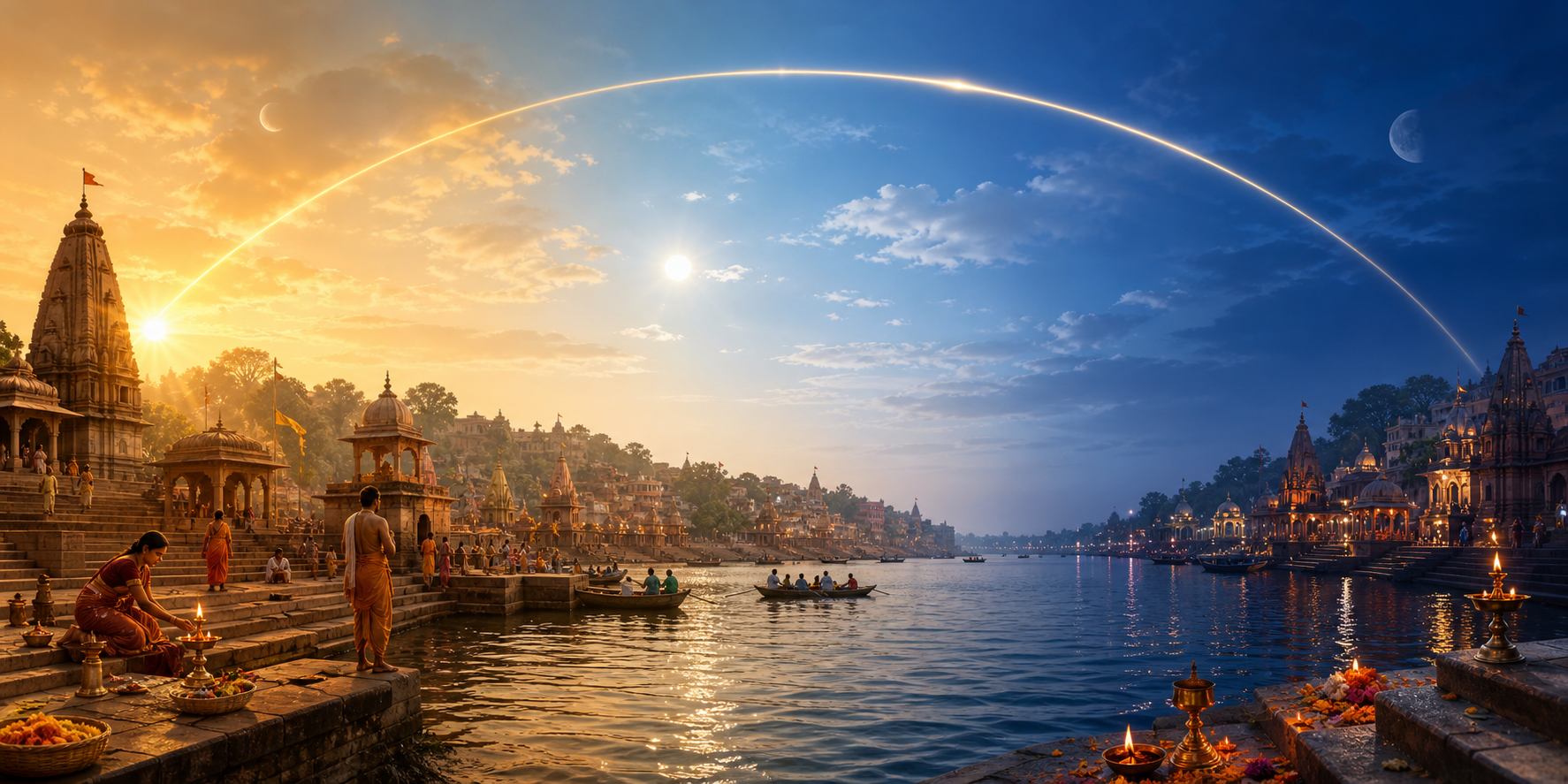 A continuous riverside temple landscape changes from morning through afternoon to evening beneath a luminous arc.