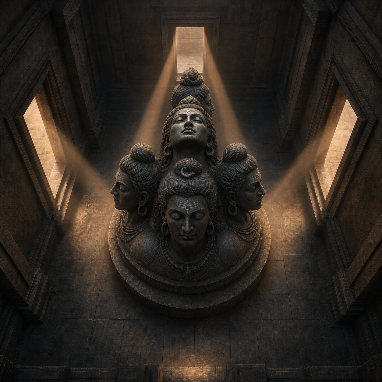 An overhead view shows a five-faced Shiva bust in a square sanctuary, with four faces oriented toward separate doorways and a fifth face looking upward.