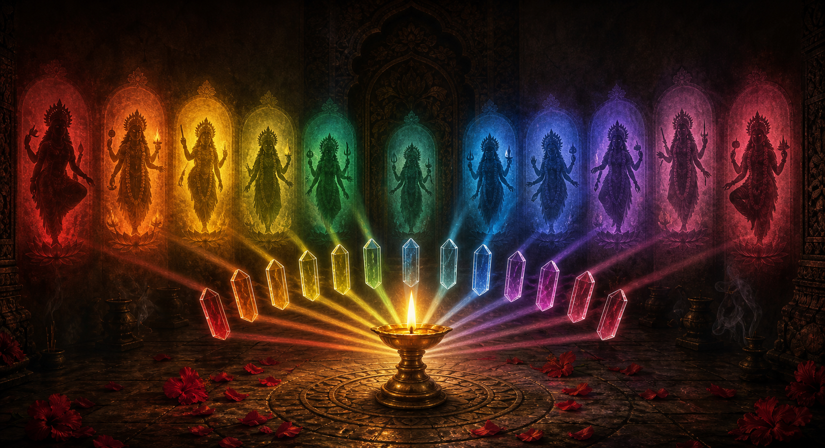 A brass oil lamp projects eleven differently colored silhouettes of Kali across the walls of a dim temple chamber scattered with red hibiscus petals.