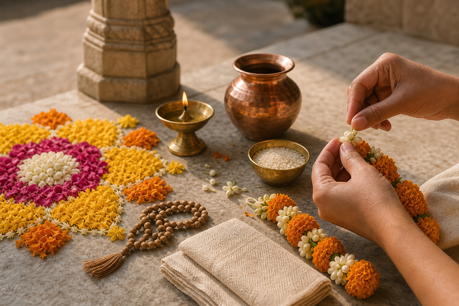 Hands finish a flower garland beside a petal rangoli and neatly arranged brass and copper puja items.