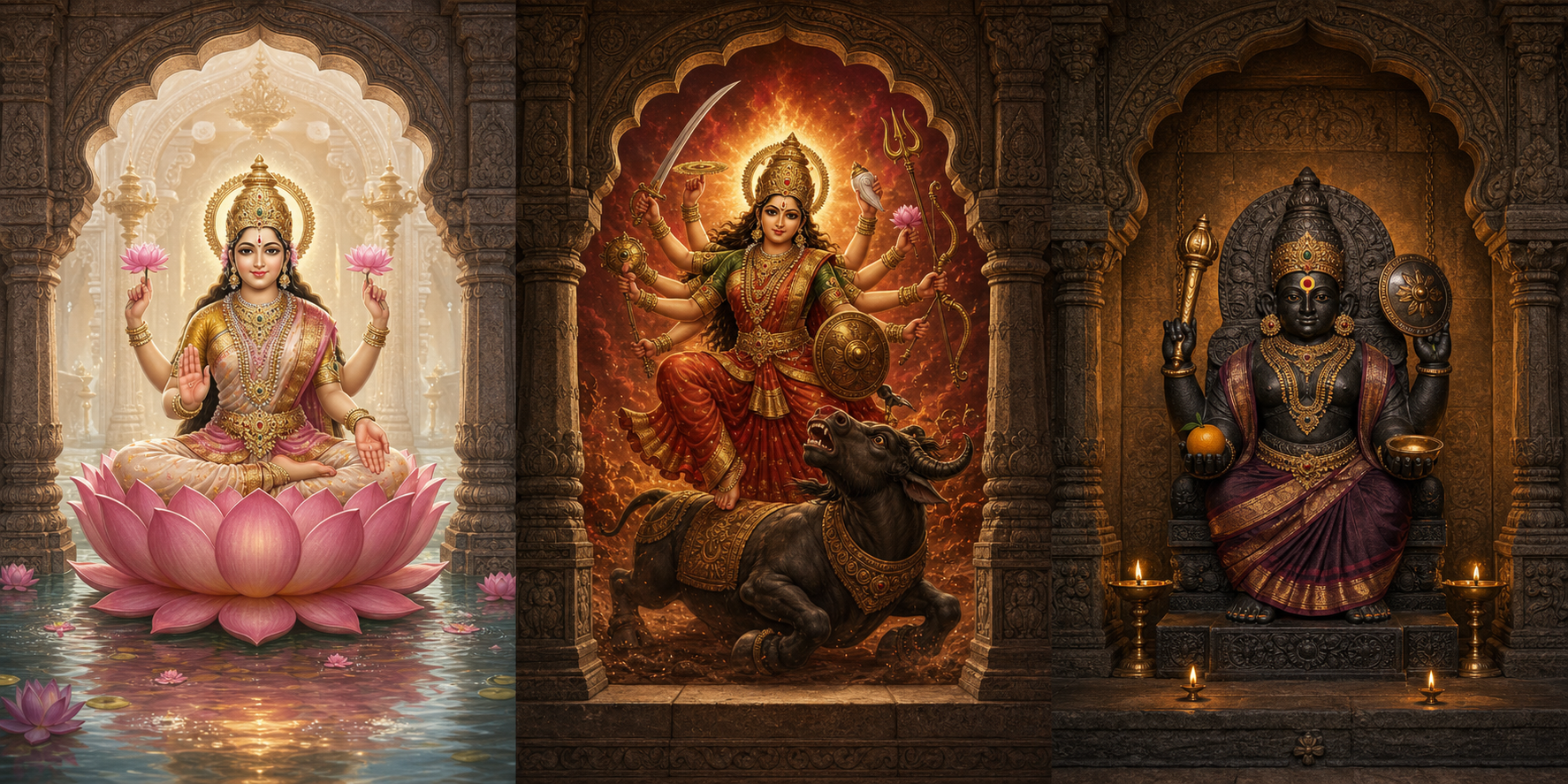 Three separate temple niches show Lakshmi seated on a lotus, a many-armed warrior goddess facing a buffalo demon, and a four-armed black-stone Ambabai image.